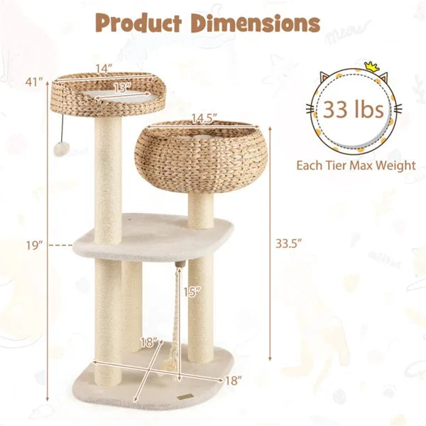 The Wren · Artisan Cat Tree · Hand-Woven Water Hyacinth · Natural Sisal · PurrPeak