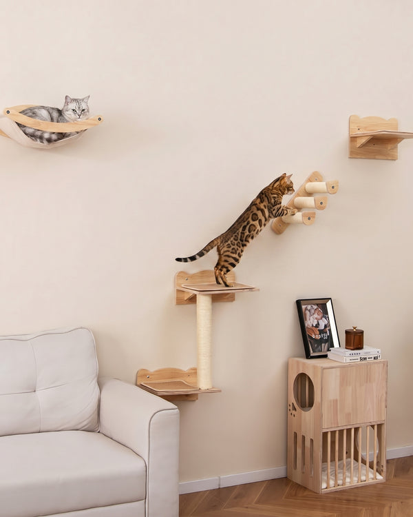 The Gallery · Wall-Mounted Cat Shelves · Set of 4 · Natural Wood · PurrPeak